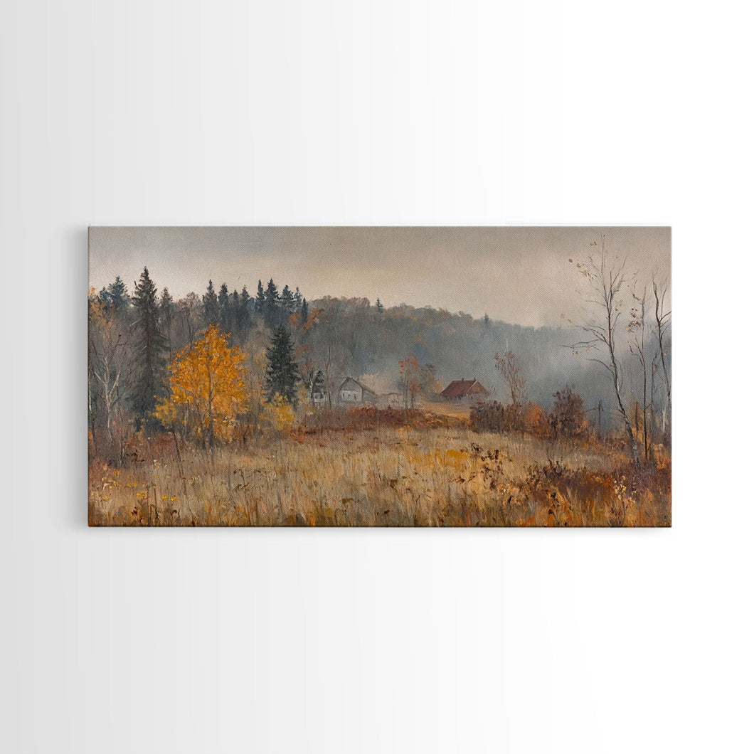Early American Style Landscape Painting, Framed Canvas Print, Christmas Holiday Wall Art for Seasonal Winter Decor
