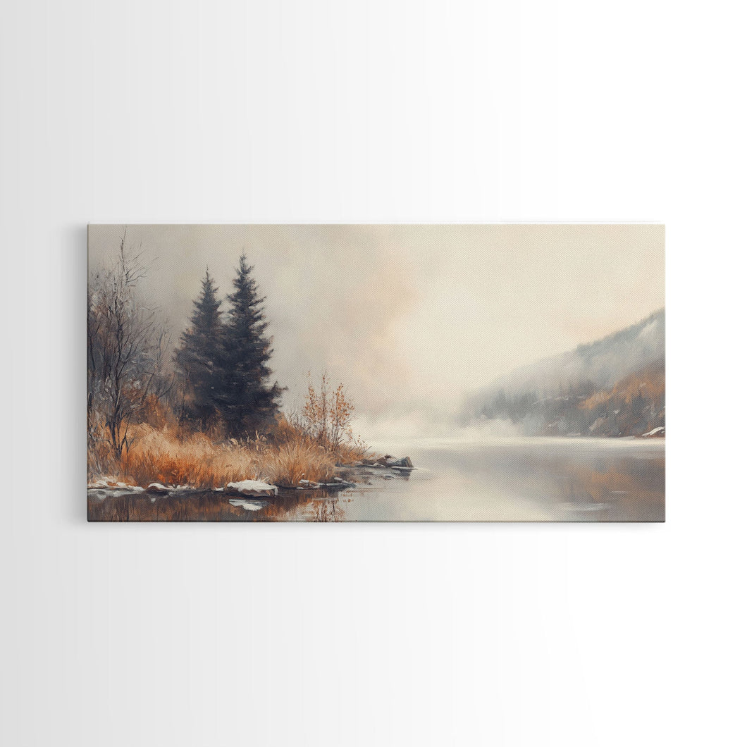 Fall On The River, Framed Canvas Print, Beautiful Watercolor Painting Of an Autumn Landscape, Ready To Hang Seasonal Decor