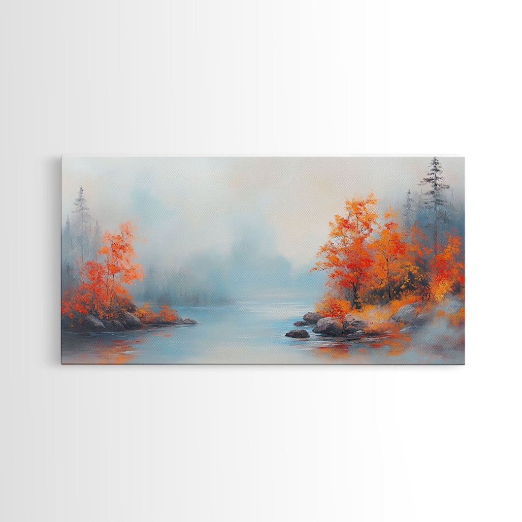 Fall On The Lake, Framed Canvas Print, Beautiful Seasonal Decor, Moody Landscape Painting