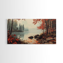 Carregar imagem no visualizador da galeria, Fall On The River, Rustic Landscape Painting, Primitive Wall Art, Framed Canvas Print, retro festive holiday wall art Christmas decor
