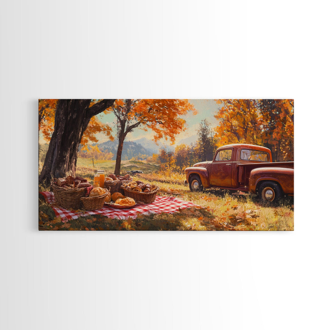 Fall Picnic Afternoon Framed Canvas Print, Rustic Farmhouse Decor, Autumn Country Landscape Art, Modern Farmhouse Wall Art, Seasonal Gift