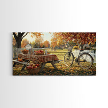 Load image into Gallery viewer, Autumn picnic with apples and plaid tablecloth, fall farmhouse decor, canvas print, country autumn art, autumn wall decor
