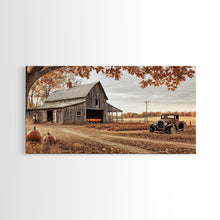Cargar imagen en el visor de la galería, Farmhouse Autumn Decor Framed Canvas Print with Rustic Truck and Barn, Fall Country Art Wall Decor, Pumpkin Harvest Gift Idea Seasonal Decor
