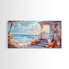 Carregar imagem no visualizador da galeria, Fall Beachfront Porch With Pumpkins Autumn Decor Framed Canvas Print, Coastal Autumn Home Decor Wall Art Beach Vibes
