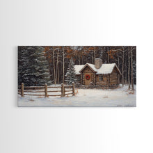 Load image into Gallery viewer, Snowy Log Cabin Christmas Framed Canvas Print, Rustic Winter Wonderland Art, Cozy Holiday Decor, Best Gift Christmas Wall Art

