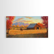 Carregar imagem no visualizador da galeria, Autumn Cowboy Farm Framed Canvas Print, Cozy Fall Farmhouse Wall Art, Country Western Landscape Decor, Best Gift Seasonal Wall Art
