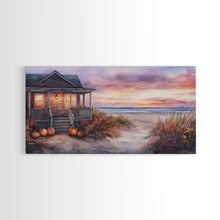 Cargar imagen en el visor de la galería, Rustic Beach Cottage Fall Scene Framed Canvas Print, Coastal Autumn Sunset Wall Art Ideal Autumn Gift, Seasonal Beach Decor

