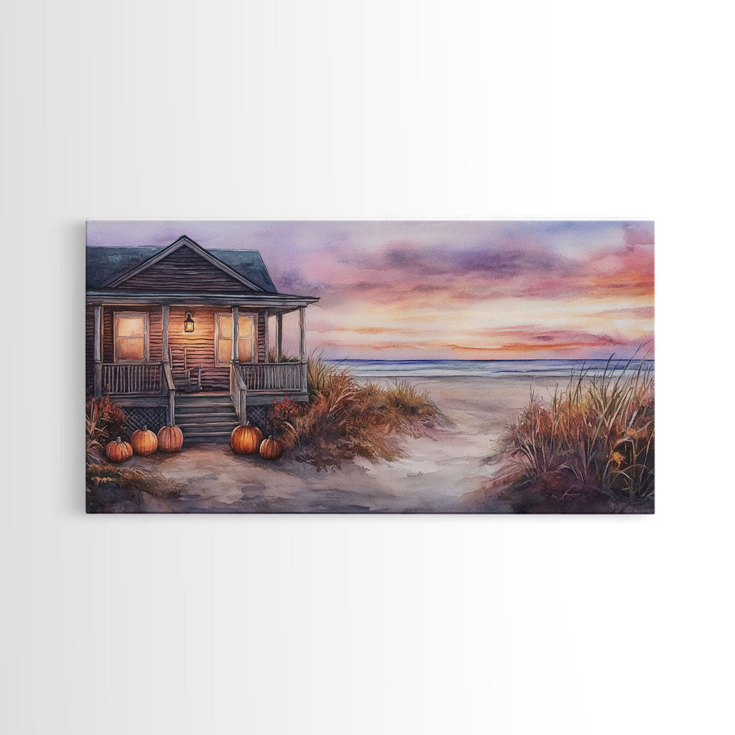 Rustic Beach Cottage Fall Scene Framed Canvas Print, Coastal Autumn Sunset Wall Art Ideal Autumn Gift, Seasonal Beach Decor