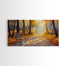 Carregar imagem no visualizador da galeria, Autumn Path Bench Framed Canvas Print, Serene Fall Landscape Wall Art, Cozy Farmhouse Decor, Seasonal Wall Art Gift Idea
