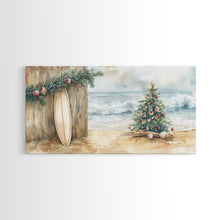 Load image into Gallery viewer, Christmas Tree On Sandy Beach With Surfboard Coastal Decor Framed Canvas Print, Beach Christmas Decor Wall Art
