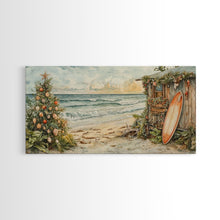 Load image into Gallery viewer, Christmas Tree Beside Rustic Beach House Coastal Holiday Scene Framed Canvas Print, Beach Christmas Wall Art And Decor
