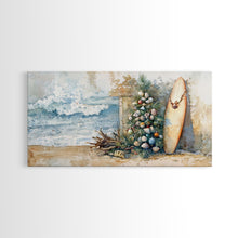Cargar imagen en el visor de la galería, Coastal Christmas Scene Surfboards Christmas Tree Framed Canvas Print, Beach Holiday Decor Wall Art With Surfing Theme

