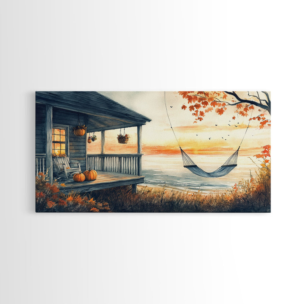 Cozy Autumn Porch with Pumpkins Framed Canvas Print, Warm Sunset Beach Scene Perfect Fall Seasonal Wall Art and Home Decor