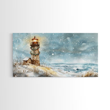 Load image into Gallery viewer, Coastal Christmas Lighthouse Decor Framed Canvas Print, Snowy Beach Scene with Holiday Wreath and Lighthouse Winter Wall Art
