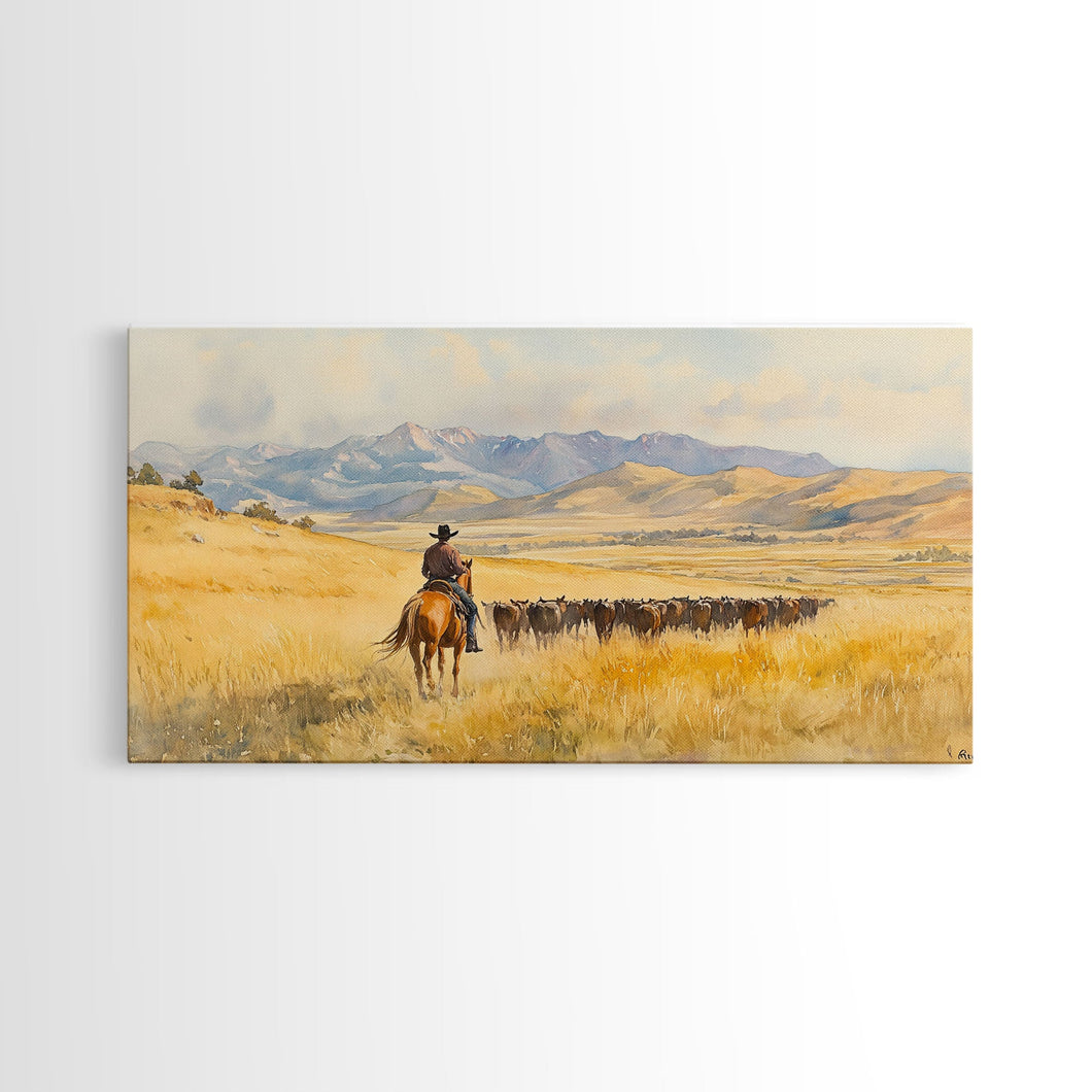 Cowboy On Snowy Path Framed Canvas Print Tall Art Winter Wonderland Western Christmas Decor Rustic Winter Wall Art Gift Cowboy Holiday Gift