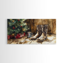 Cargar imagen en el visor de la galería, Christmas Cowboy Boots By Tree Framed Canvas Print Tall Art Rustic Western Christmas Decor Farmhouse Holiday Wall Art Cowboy Holiday Gift
