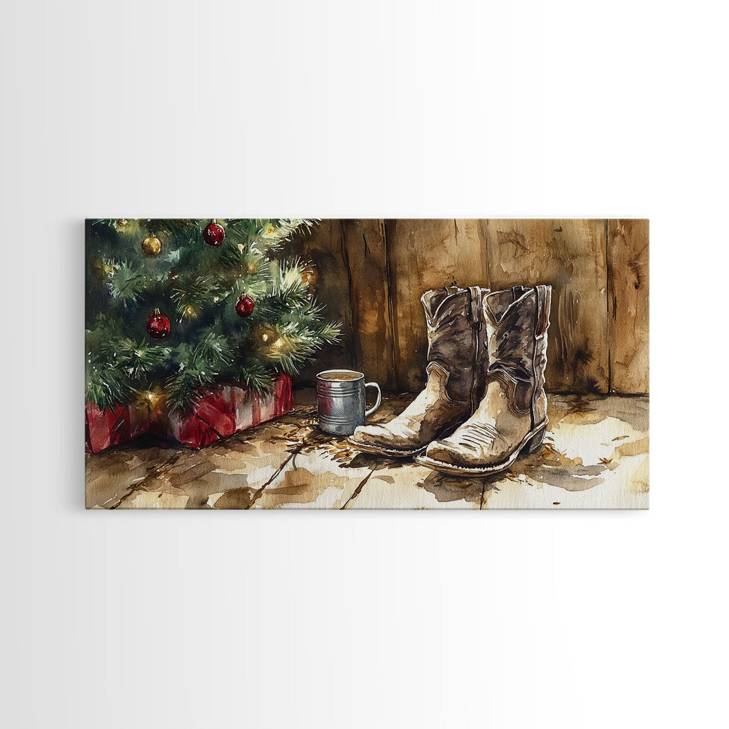 Christmas Cowboy Boots By Tree Framed Canvas Print Tall Art Rustic Western Christmas Decor Farmhouse Holiday Wall Art Cowboy Holiday Gift