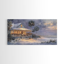 Cargar imagen en el visor de la galería, Christmas beach decor scene in tropical house with wreath and lights, Framed Canvas Print palm trees snow, winter art and holiday home decor
