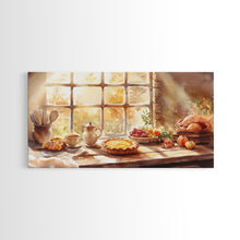 Load image into Gallery viewer, Thanksgiving table scene with food, pies and fall decor, Framed Canvas Print with pumpkins sunlight, autumn harvest home wall art and decor
