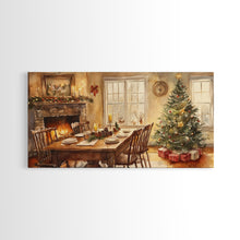 Load image into Gallery viewer, Rustic Christmas dining room scene with a Christmas tree, Framed Canvas Print with a festive table warm fireplace, farmhouse holiday decor
