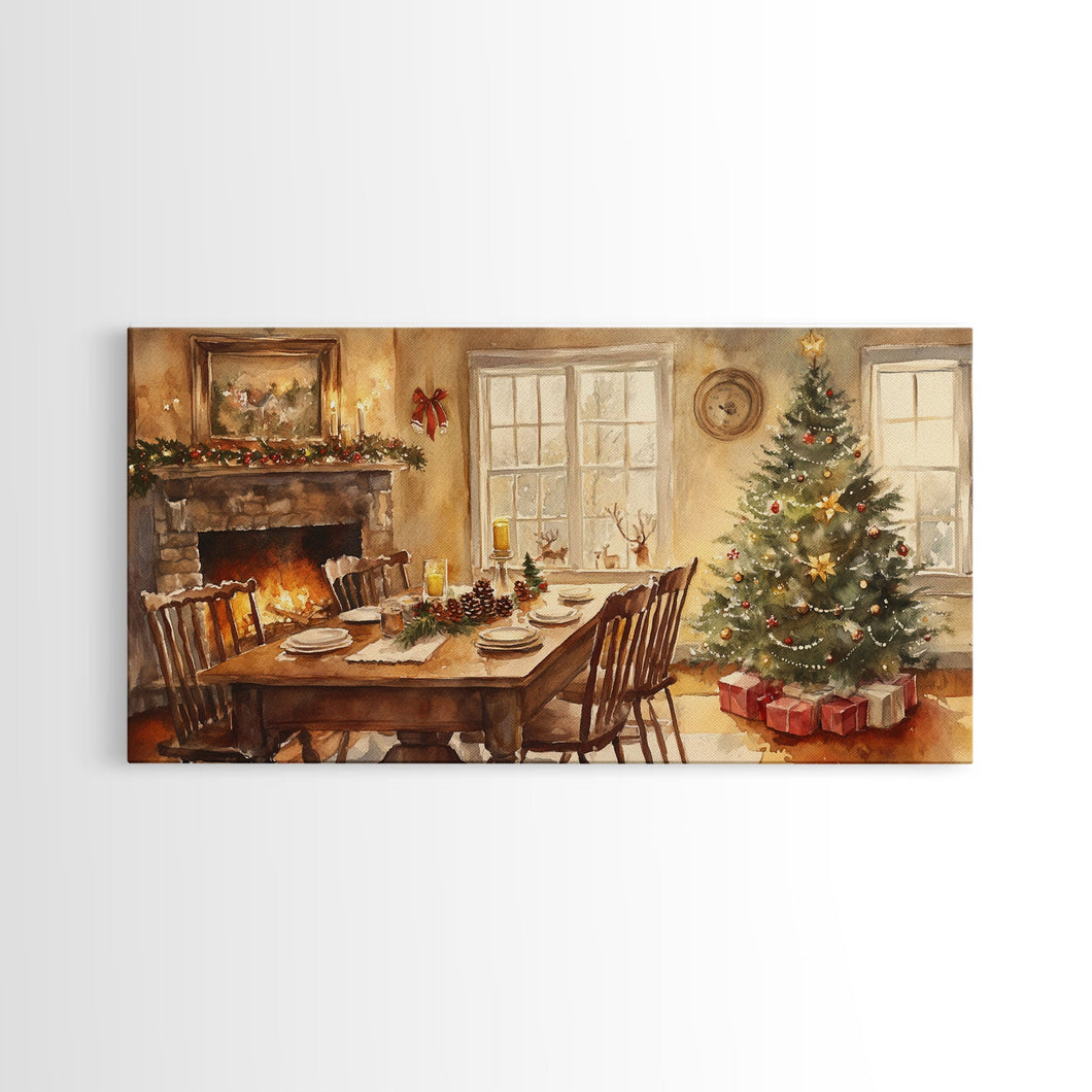 Rustic Christmas dining room scene with a Christmas tree, Framed Canvas Print with a festive table warm fireplace, farmhouse holiday decor
