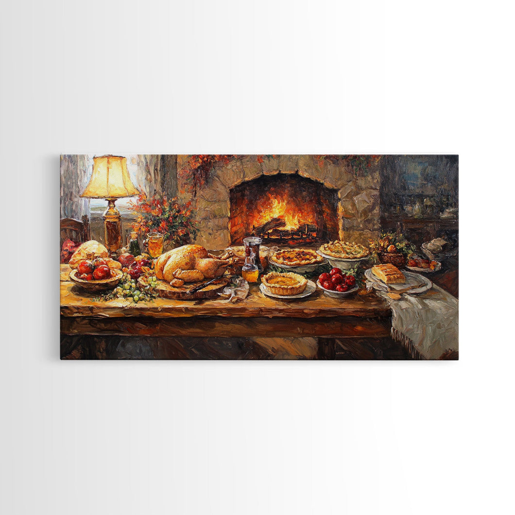 Cozy Thanksgiving Feast by Fireplace Framed Canvas Print Seasonal Wall Art, Rustic Fall Decor, Harvest Celebration Art Print for Home