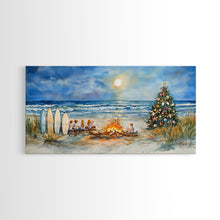Cargar imagen en el visor de la galería, Christmas bonfire on the beach with surfboards and decorated tree, framed canvas print ideal tropical holiday wall art decor
