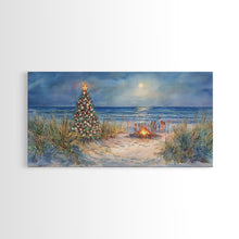Carregar imagem no visualizador da galeria, Beach Christmas family gathering by the ocean and bonfire, framed canvas print featuring tropical holiday decor wall art
