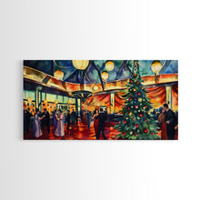 Load image into Gallery viewer, Elegant ballroom Christmas tree with dancing couples, framed canvas print vibrant holiday party decor perfect seasonal wall art
