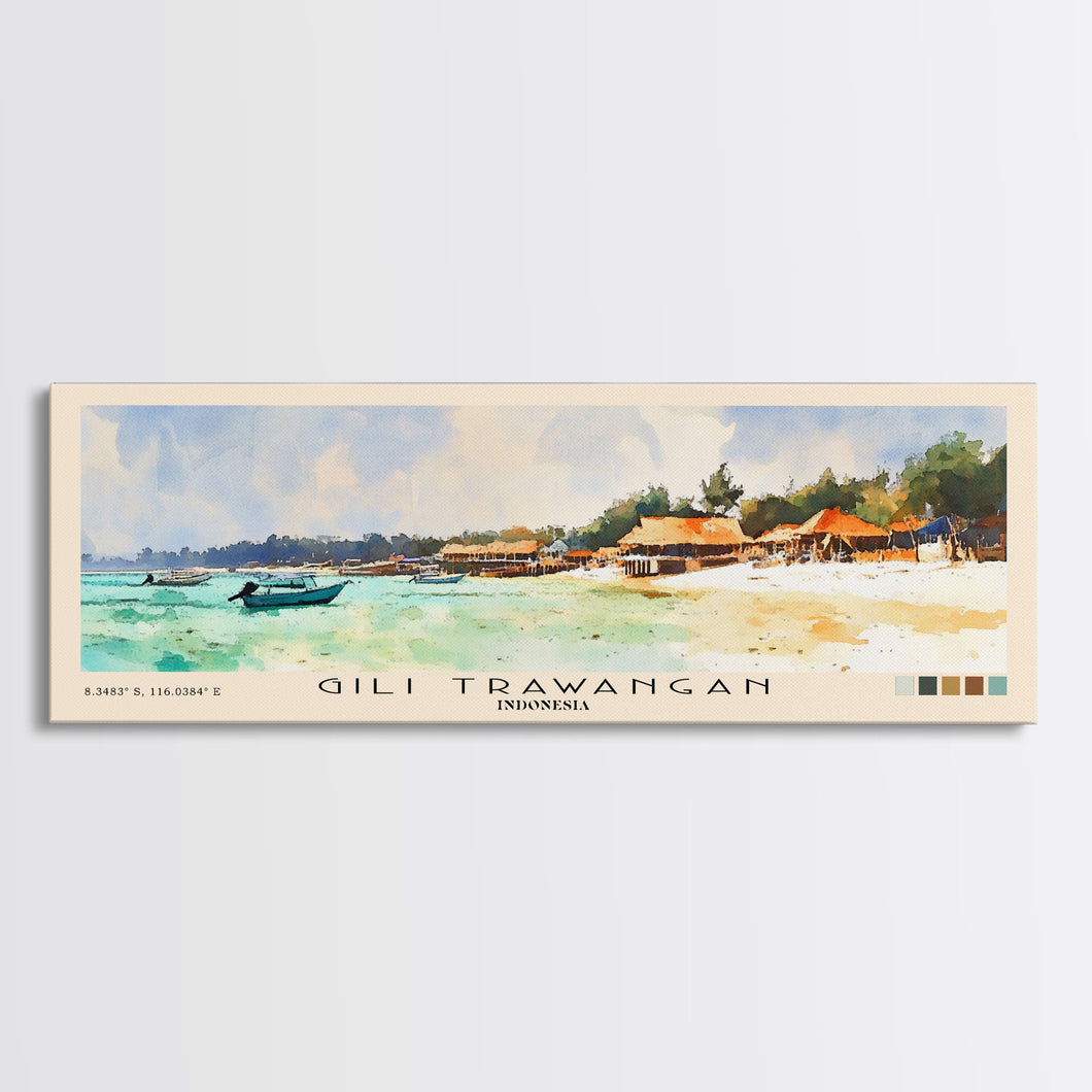 Gili Trawangan, Indonesia Watercolor Beach Print, Vacation Gift, Indonesia Wall Art, Framed Canvas Print, Framed Beach Painting