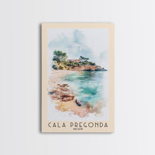 Load image into Gallery viewer, Cala Pregonda, Spain Watercolor Print, Vacation Gift, Spain Wall Art, Beach Painting, Beach Decor, Large Wall Art, Wood Frame Art
