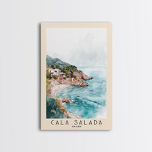 Carregar imagem no visualizador da galeria, Cala Salada, Spain Watercolor Beach Print, Vacation Gift, Spain Wall Art, Framed Canvas Print, Framed Beach Painting
