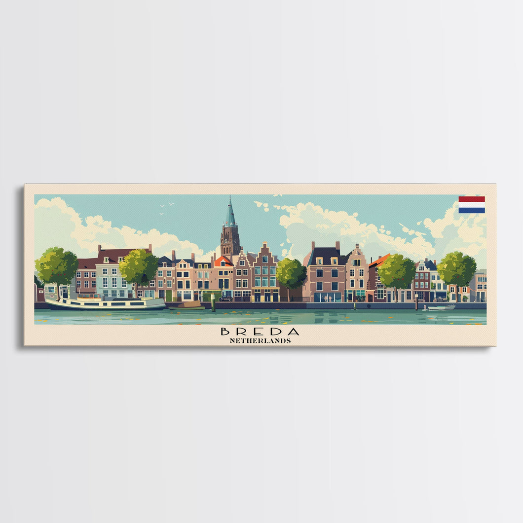 Breda Netherlands Panoramic Travel Poster, Framed Canvas Print or Metal Wall Art, Travel Art, Home Decor, Panoramic Painting, Midcentury Art