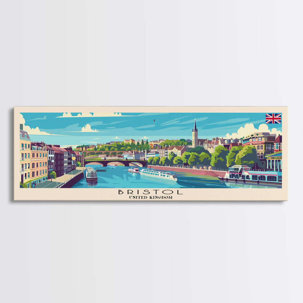 Bristol United Kingdom Panoramic Travel Poster, Framed Canvas Print or Metal Wall Art, Travel Art, Home Decor, Panoramic Painting, Midcentury Art