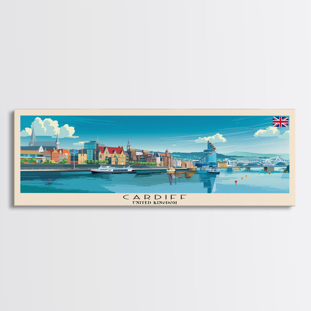 Cardiff United Kingdom Travel Art, City Art, Framed Canvas Print or Metal Wall Art, Europe Travel Poster, Panoramic Wall Art, Extra Wide Wall Art