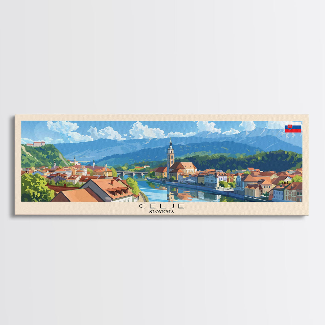 Celje Slovenia Panoramic Travel Poster, Framed Canvas Print or Metal Wall Art, Travel Art, Home Decor, Panoramic Painting, Midcentury Art