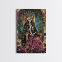 Cargar imagen en el visor de la galería, Skeleton King in Regal Throne Framed Canvas Print, Royalty Decor, Halloween Skeleton Art, Haunted Mansion Wall Art, Gothic Skeleton Print
