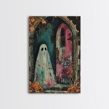 Load image into Gallery viewer, Ghostly Figure at Haunted Door Framed Canvas Print, Halloween Spirit Decor, Spooky Ghost Art, Haunted House Wall Art, Creepy Ghostly Print
