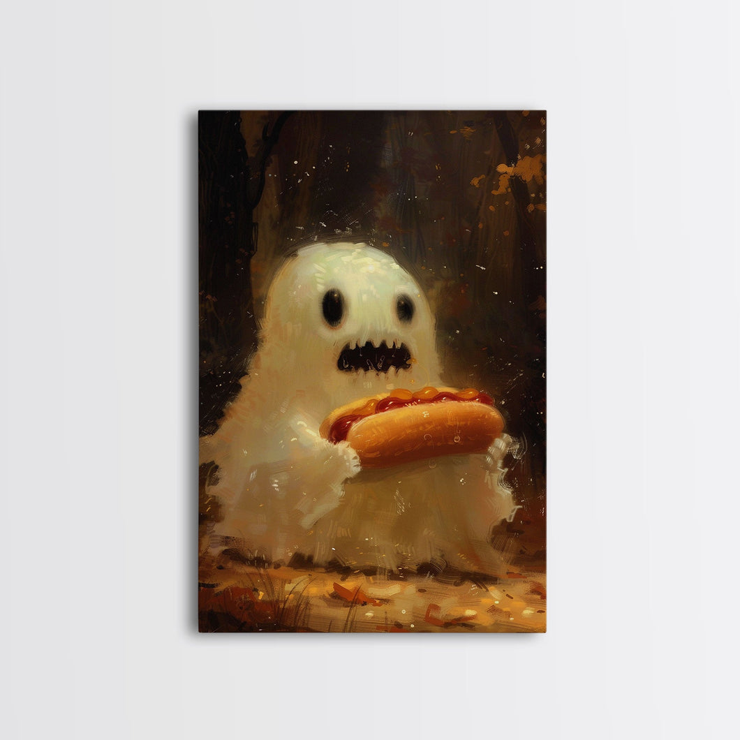 CHOMP! Cute Lil Ghost Eatin' a Dog, The Hot Dog Ghost, Haunted Hot Dog Thief, Framed Canvas Print, Halloween Art