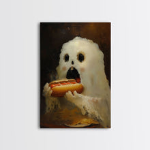 Load image into Gallery viewer, Ghostly Hot Dog Thief, Cute Lil Ghost Eatin&#39; a Dog, The Hot Dog Ghost, Haunted Hot Dog Thief, Framed Canvas Print, Halloween Art
