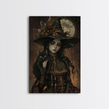 Carregar imagem no visualizador da galeria, The Witch and The Black Cat Framed Canvas Art, Spooky Victorian Witch Art, Spooky Season, Halloween Props, Halloween Accessories Art
