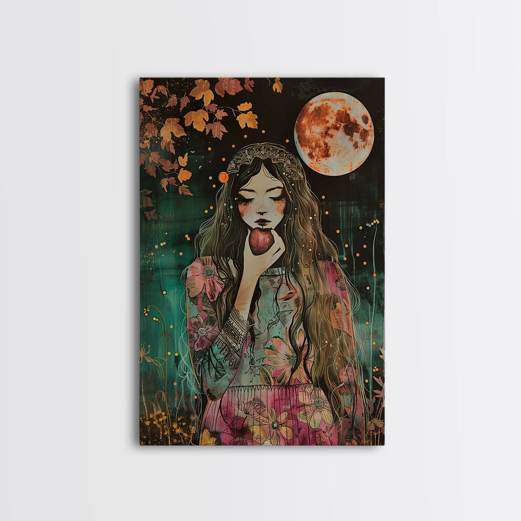 Ghostly Witch With Red Apple, Framed Canvas Print, Wall Art, Spooky Decor, Halloween Decoration, Living Room Art, Unique Gift