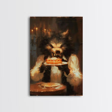 Load image into Gallery viewer, Halloween Werewolf Eating Hotdog, Framed Canvas Print, Wall Art, Spooky Artwork, Fantasy Decor, Halloween Decor, Whimsical Funny Halloween
