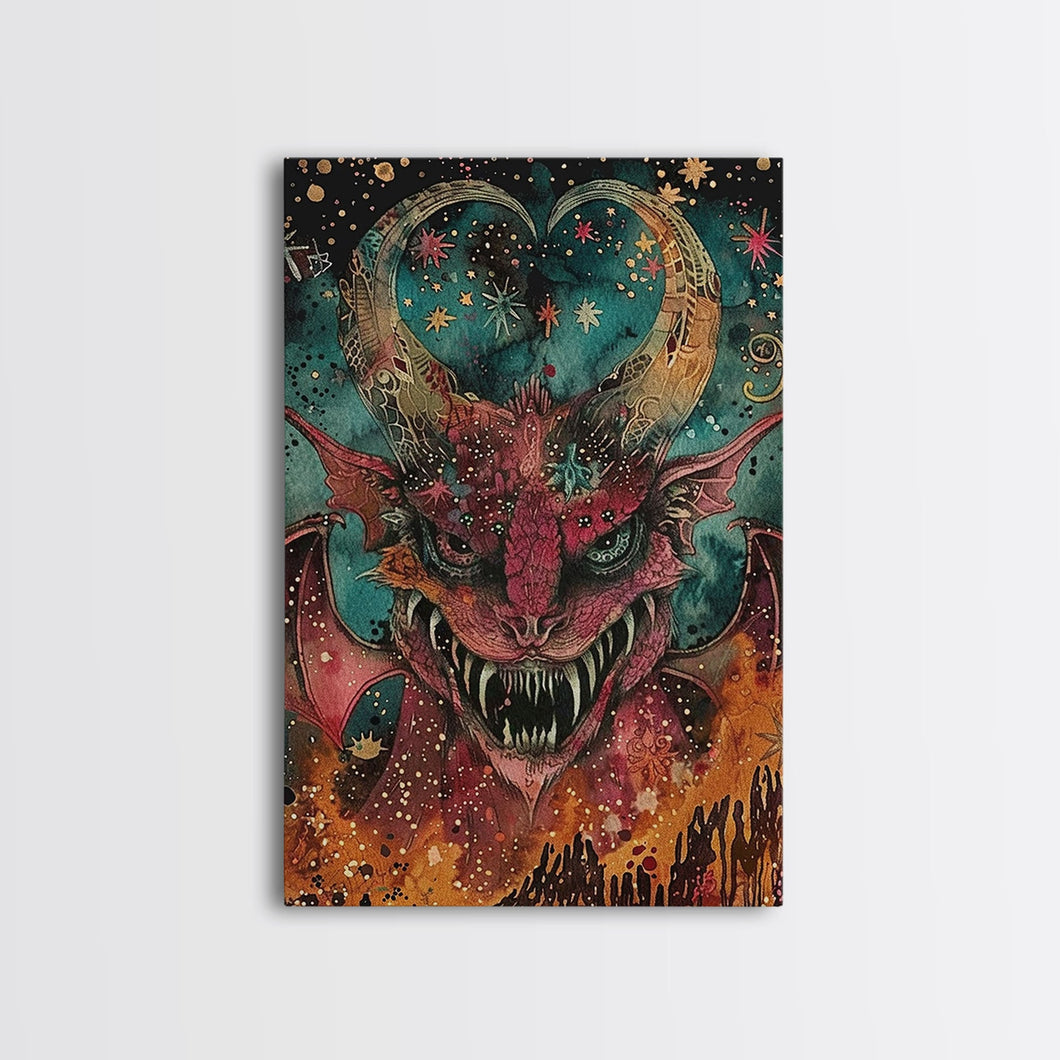 Fantastical Demon with Stars Framed Canvas Print | Halloween Monster Art | Spooky Starry Art | Scary Demon Art for Home Decoration