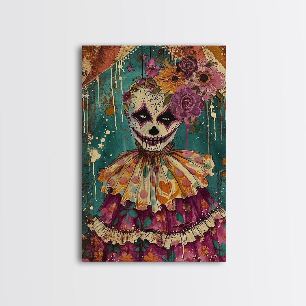 Day of the Dead Doll with Floral Crown Framed Canvas Print, Halloween Art, Creepy Wall Art, Spooky Home Decor, Scary Art, Unique Wall Decor