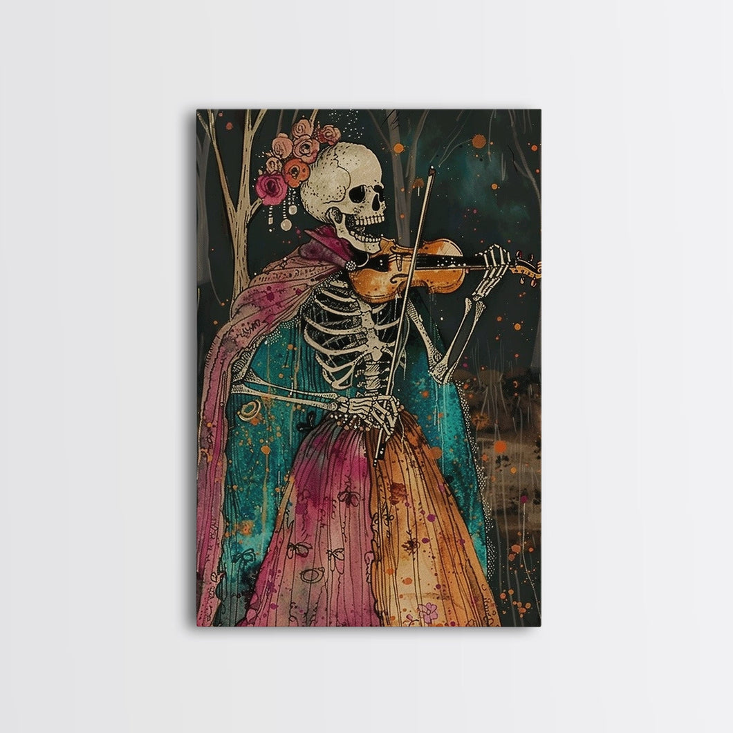 Day of the Dead Skeleton Playing Violin - Colorful Skeleton Art - Dia de los Muertos Inspired Print - Halloween Skeleton Decor