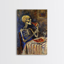 Load image into Gallery viewer, Funny Skeleton Eating A Pizza, Framed Canvas Print, Halloween Decor
