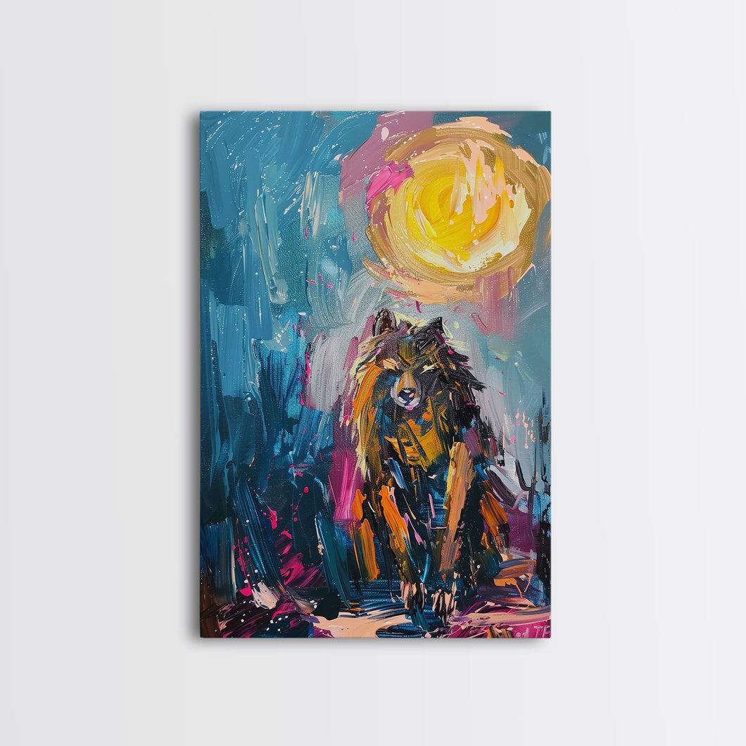 Halloween Art of a Werewolf in a Dress Eating Pizza Under the Moonlight, Perfect for Adding a Playful Touch to Spooky Decor
