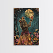 Load image into Gallery viewer, That&#39;s A Howlin&#39; Good Pizza, Werewolf Eatin a Pizza and Howlin at The Moon, Framed Canvas Print, Funny Halloween Art
