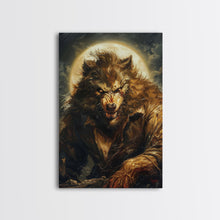 Carregar imagem no visualizador da galeria, Ferocious Werewolf Under Full Moon Framed Canvas Print | Halloween Monster Art | Spooky Werewolf Decor for Home | Intense Werewolf Artwork
